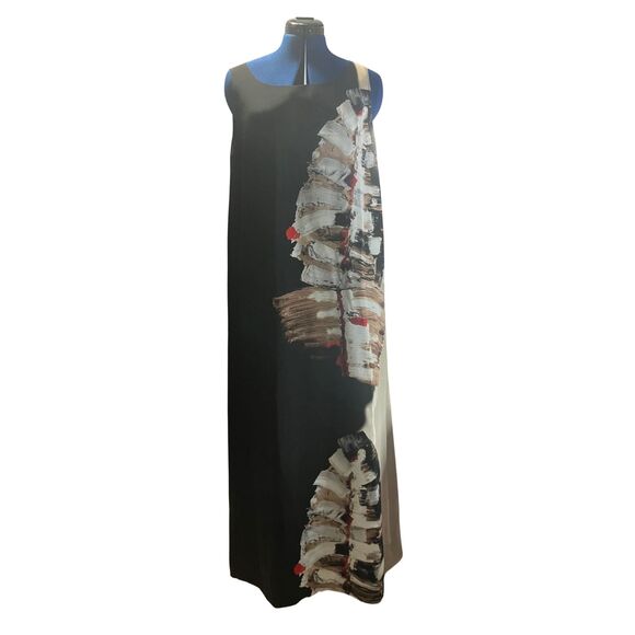 Lafayette 148 Silk Maxi Dress Abstract Print Sleeveless Black Size L - Picture 2 of 8